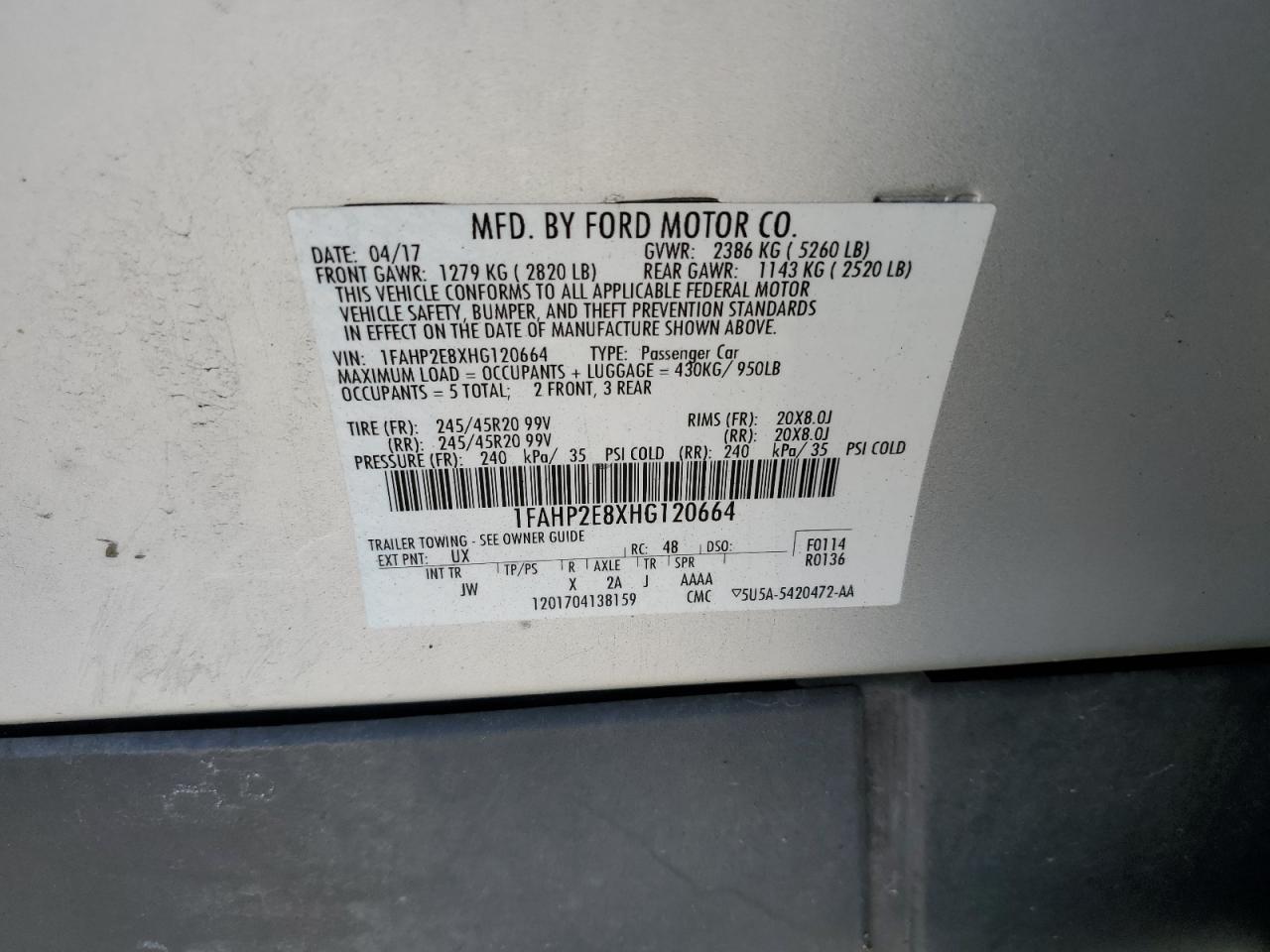 2017 Ford Taurus Sel VIN: 1FAHP2E8XHG120664 Lot: 86231015