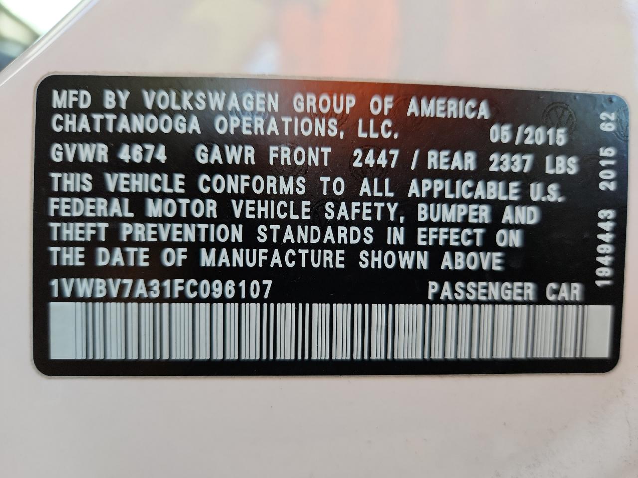 2015 Volkswagen Passat Se VIN: 1VWBV7A31FC096107 Lot: 86451185