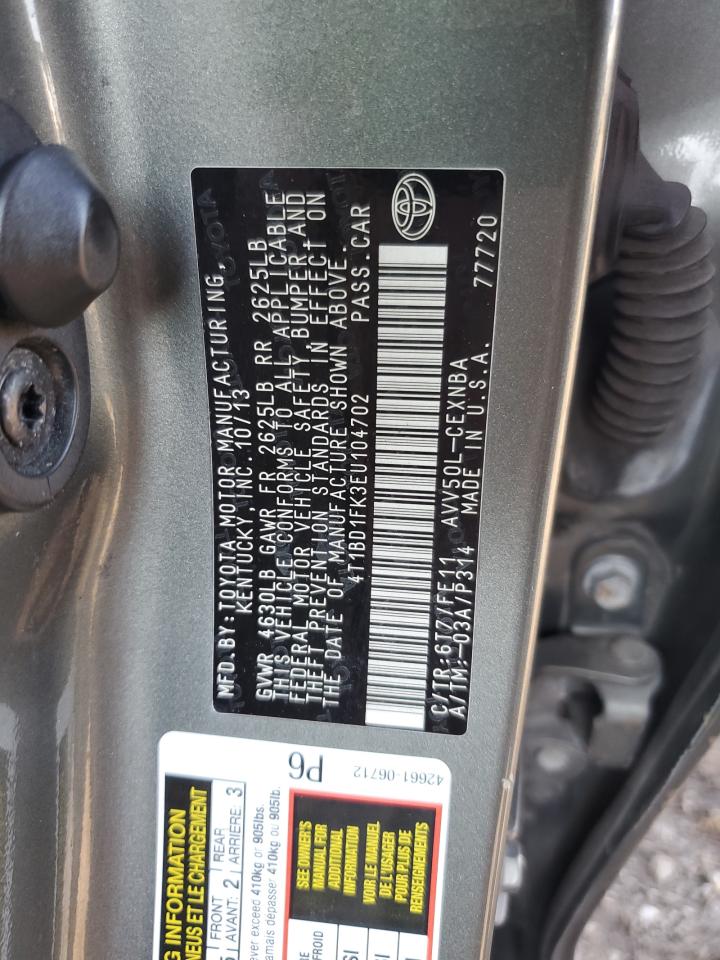 2014 Toyota Camry Hybrid VIN: 4T1BD1FK3EU104702 Lot: 86551785