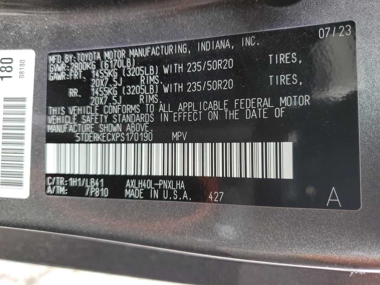 2023 Toyota Sienna Limited VIN: 5TDERKECXPS170190 Lot: 85756165