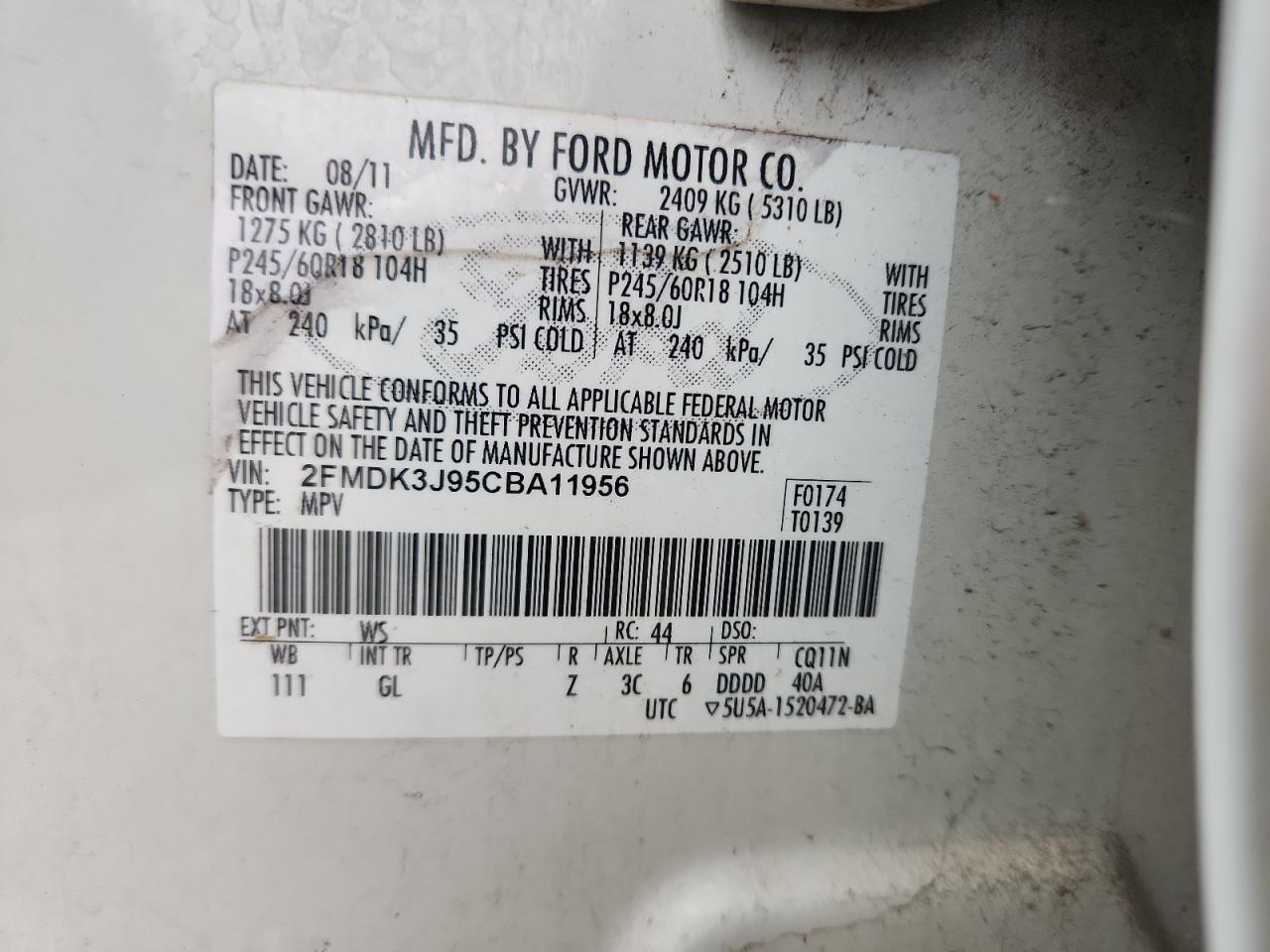 2012 Ford Edge Sel VIN: 2FMDK3J95CBA11956 Lot: 85724615