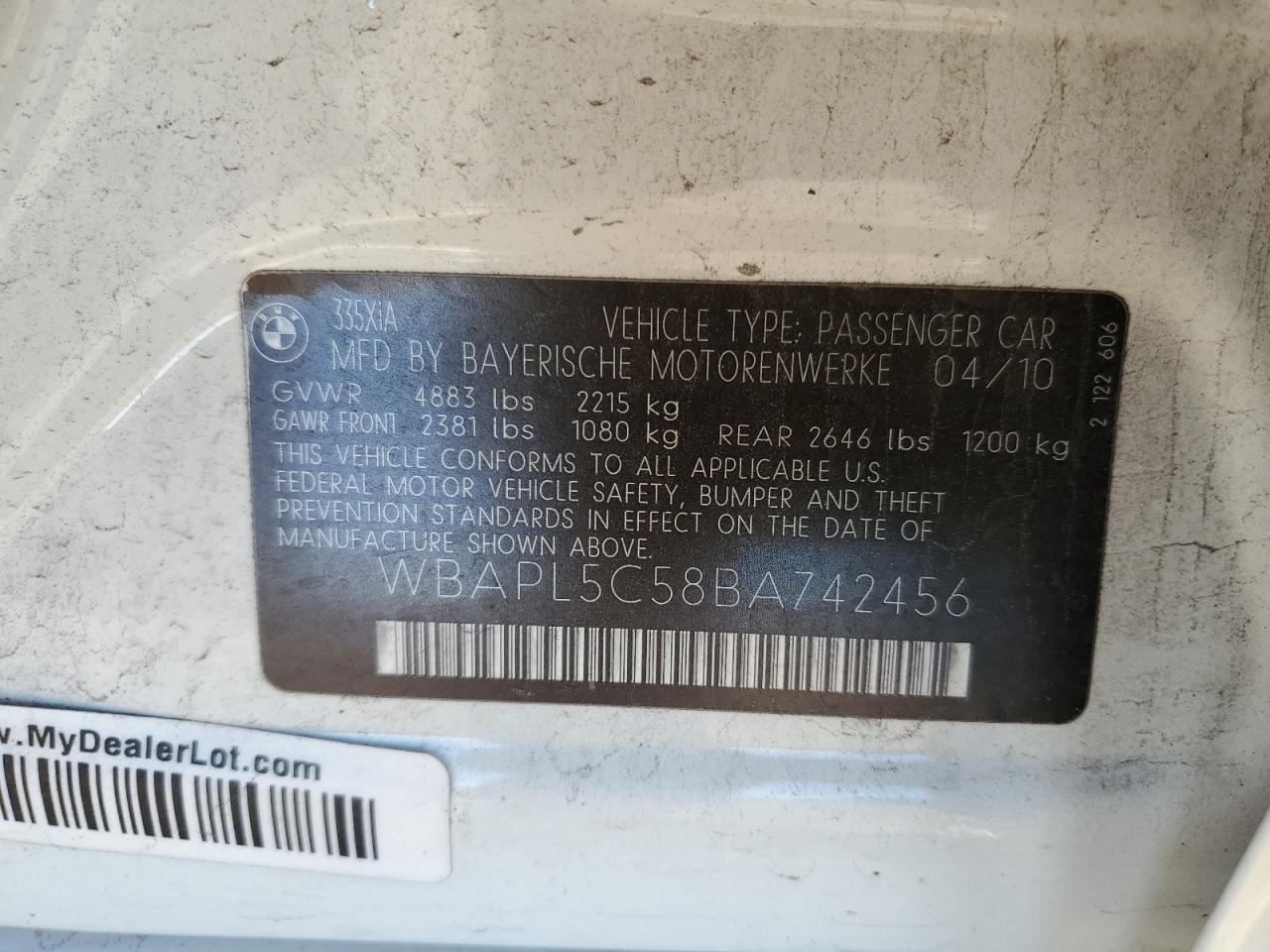 2011 BMW 335 Xi VIN: WBAPL5C58BA742456 Lot: 82372685