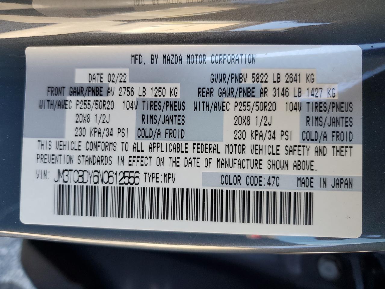 2022 Mazda Cx-9 Grand Touring VIN: JM3TCBDY6N0612556 Lot: 85719265