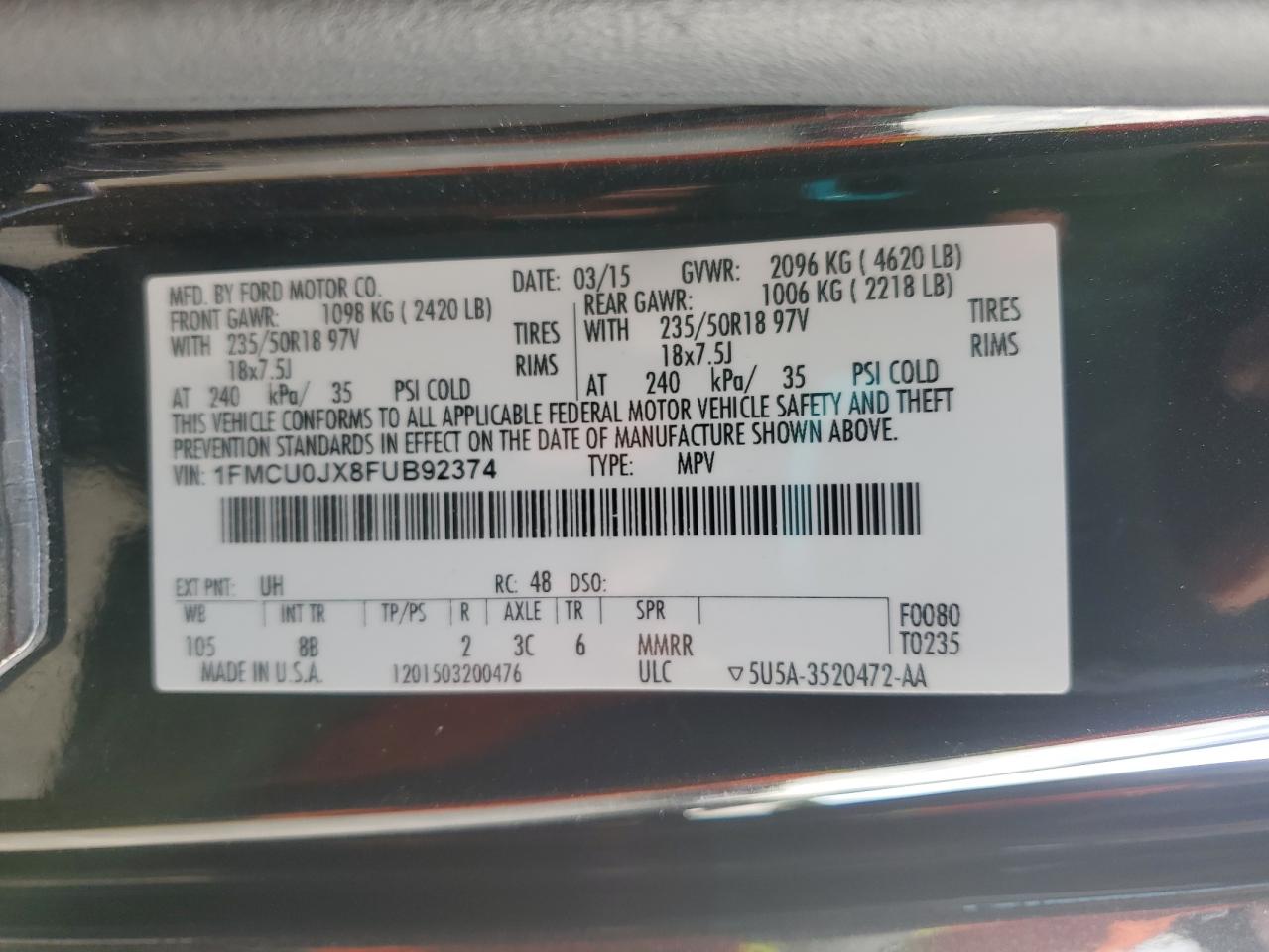 2015 Ford Escape Titanium VIN: 1FMCU0JX8FUB92374 Lot: 90395765