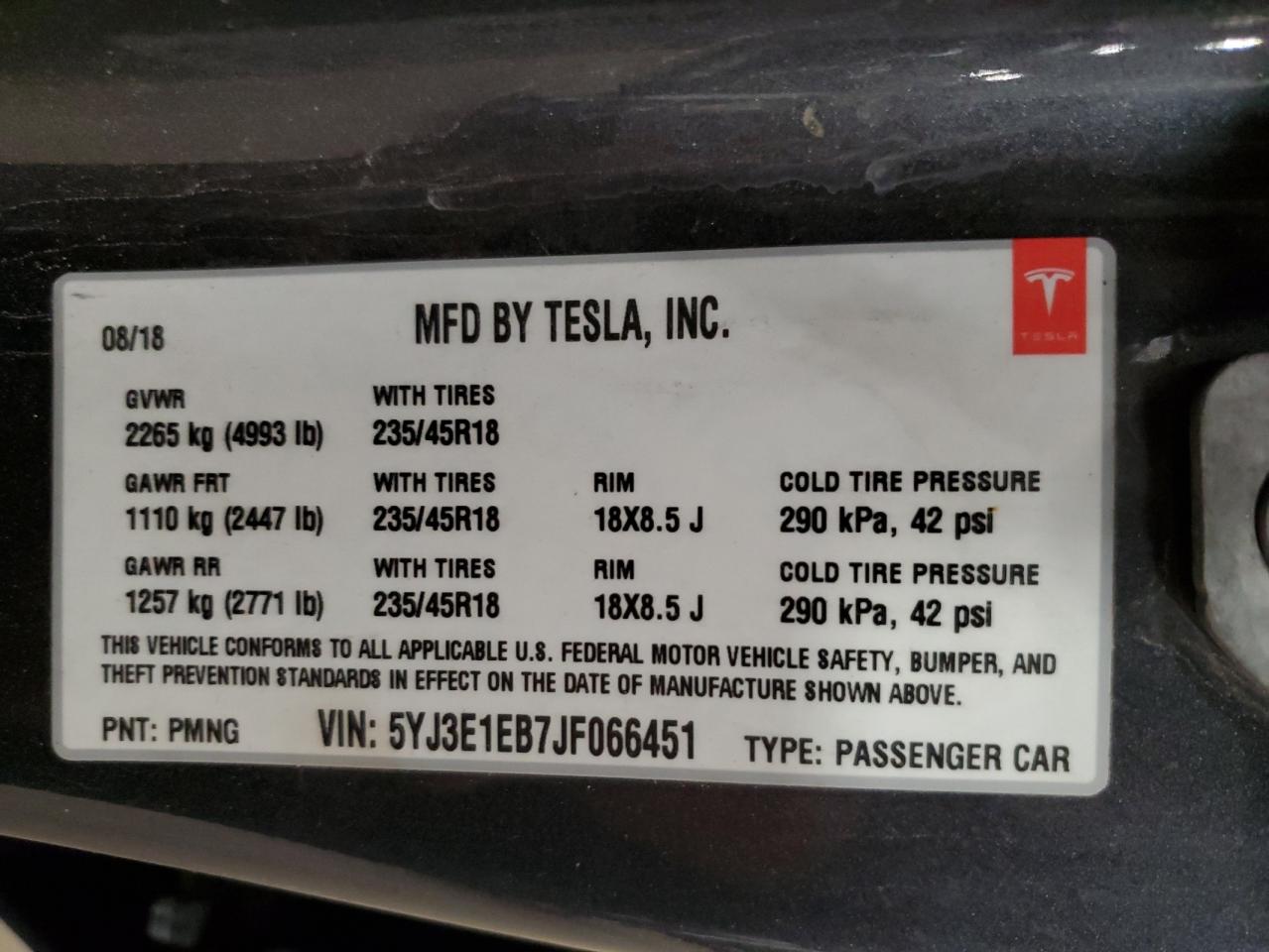2018 Tesla Model 3 VIN: 5YJ3E1EB7JF066451 Lot: 87429345