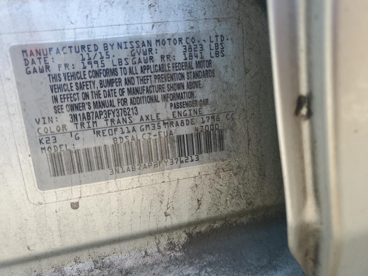 2015 Nissan Sentra S VIN: 3N1AB7AP3FY376213 Lot: 85851035