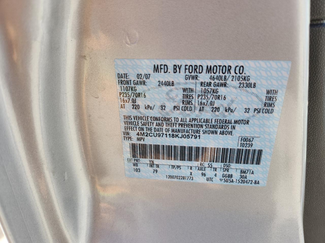 2008 Mercury Mariner Premier VIN: 4M2CU97118KJ05791 Lot: 86899065