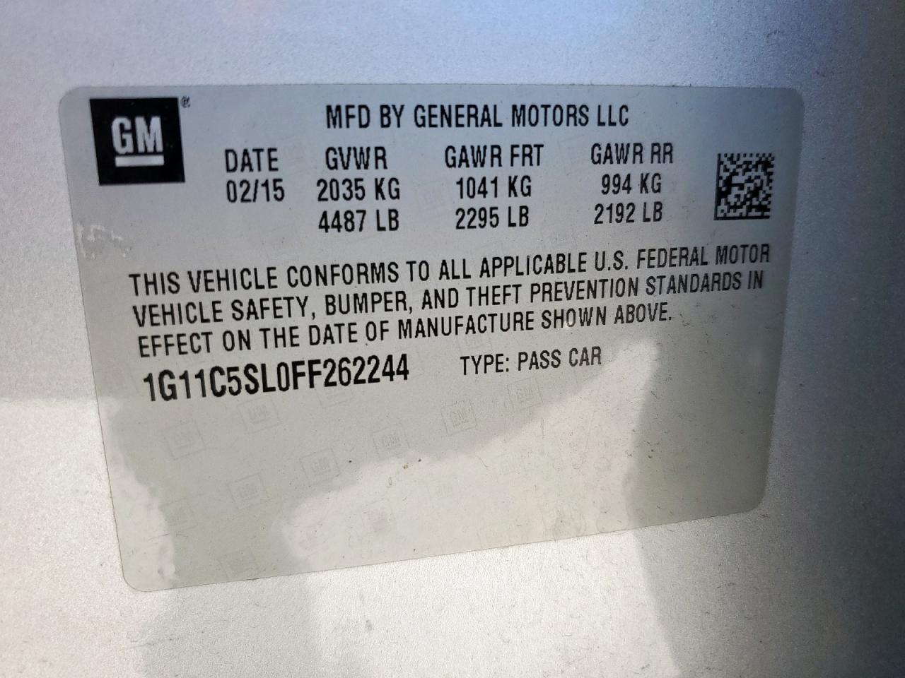 2015 Chevrolet Malibu 1Lt VIN: 1G11C5SL0FF262244 Lot: 90903285