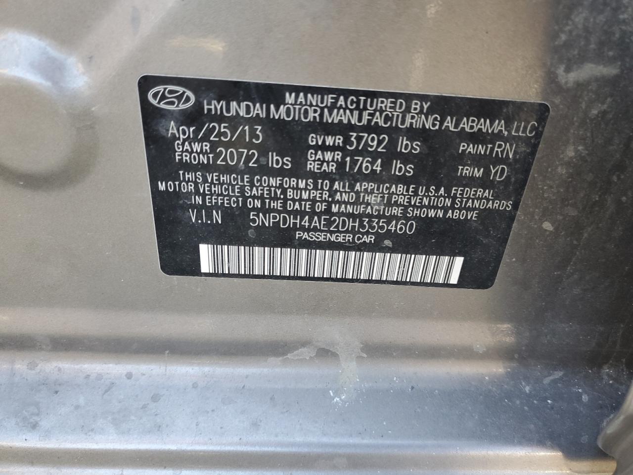 2013 Hyundai Elantra Gls VIN: 5NPDH4AE2DH335460 Lot: 85127435