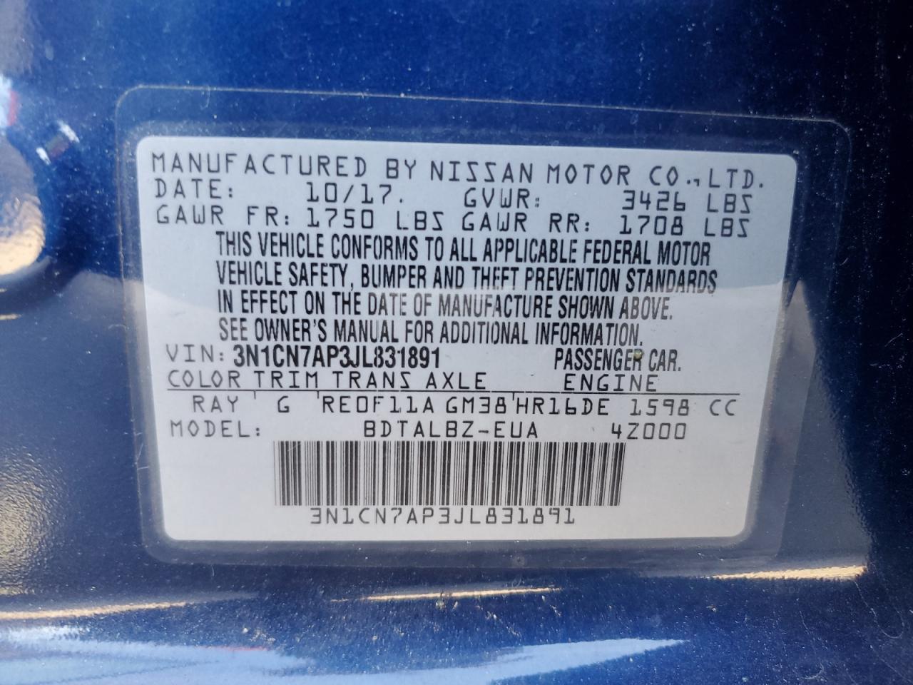 2018 Nissan Versa S VIN: 3N1CN7AP3JL831891 Lot: 84378705