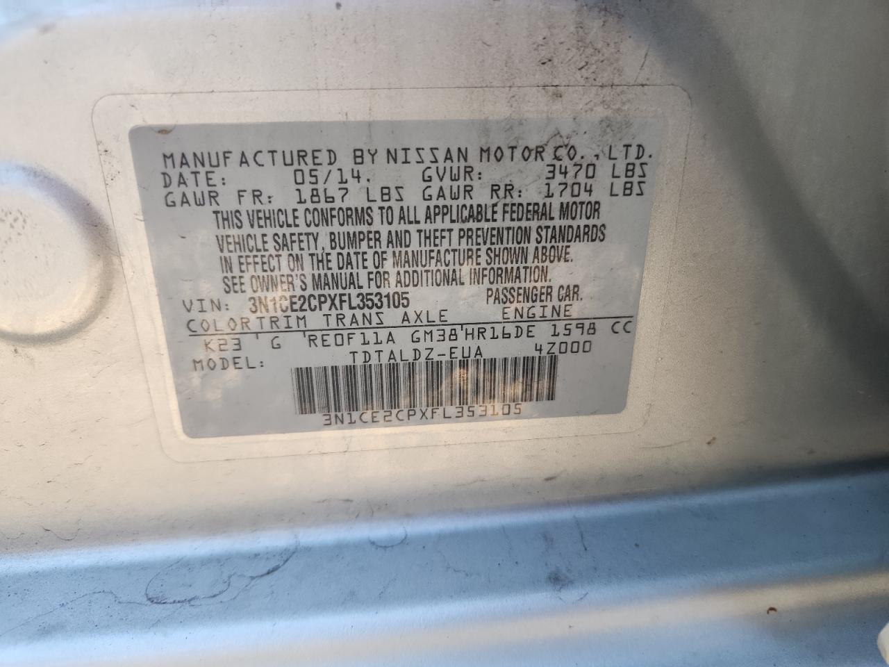 2015 Nissan Versa Note S VIN: 3N1CE2CPXFL353105 Lot: 85847345