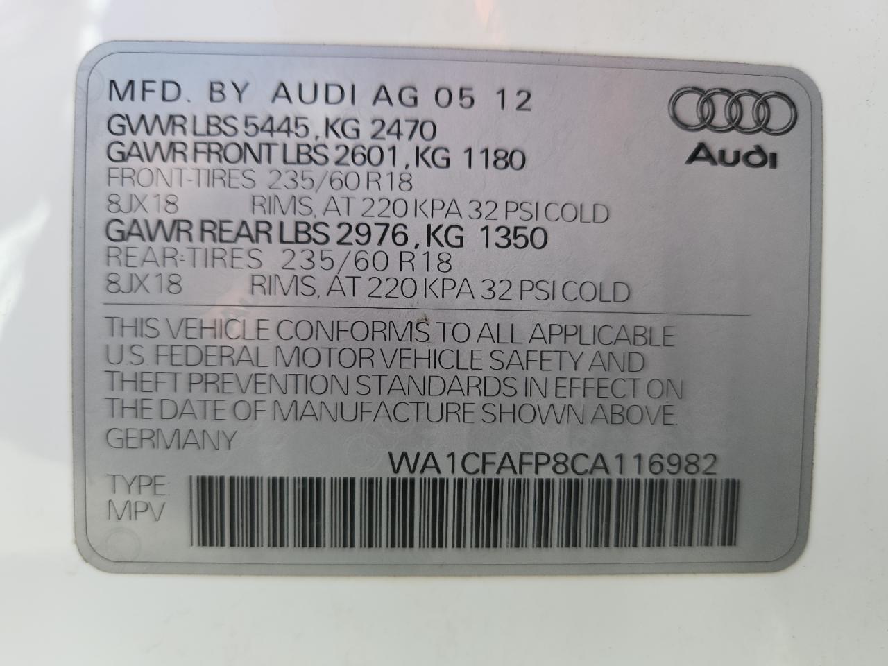 2012 Audi Q5 Premium VIN: WA1CFAFP8CA116982 Lot: 89697265