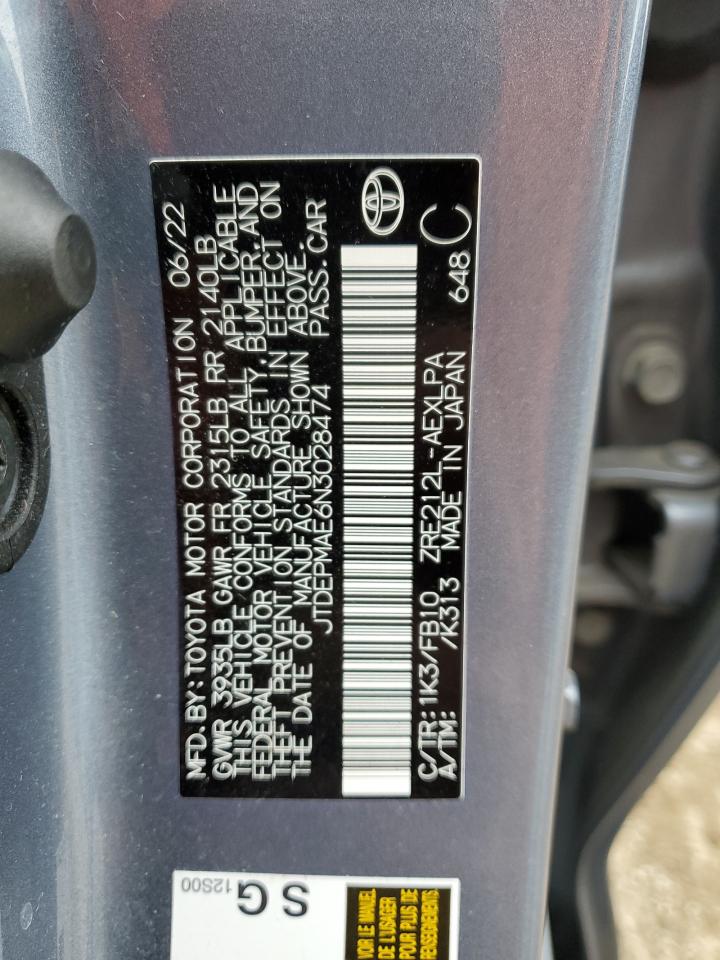 2022 Toyota Corolla Le VIN: JTDEPMAE6N3028474 Lot: 86094095