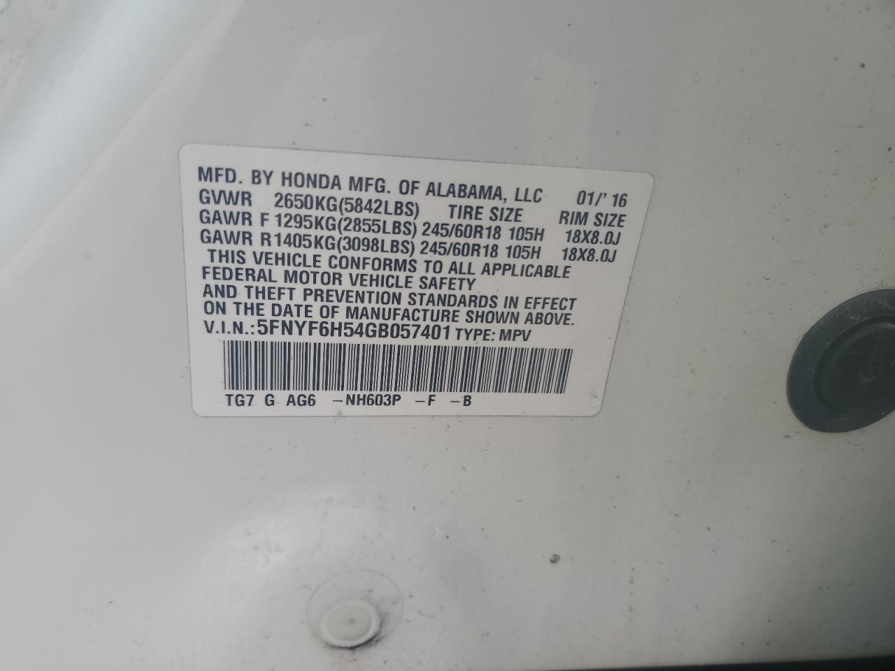 2016 Honda Pilot Exl VIN: 5FNYF6H54GB057401 Lot: 81949755