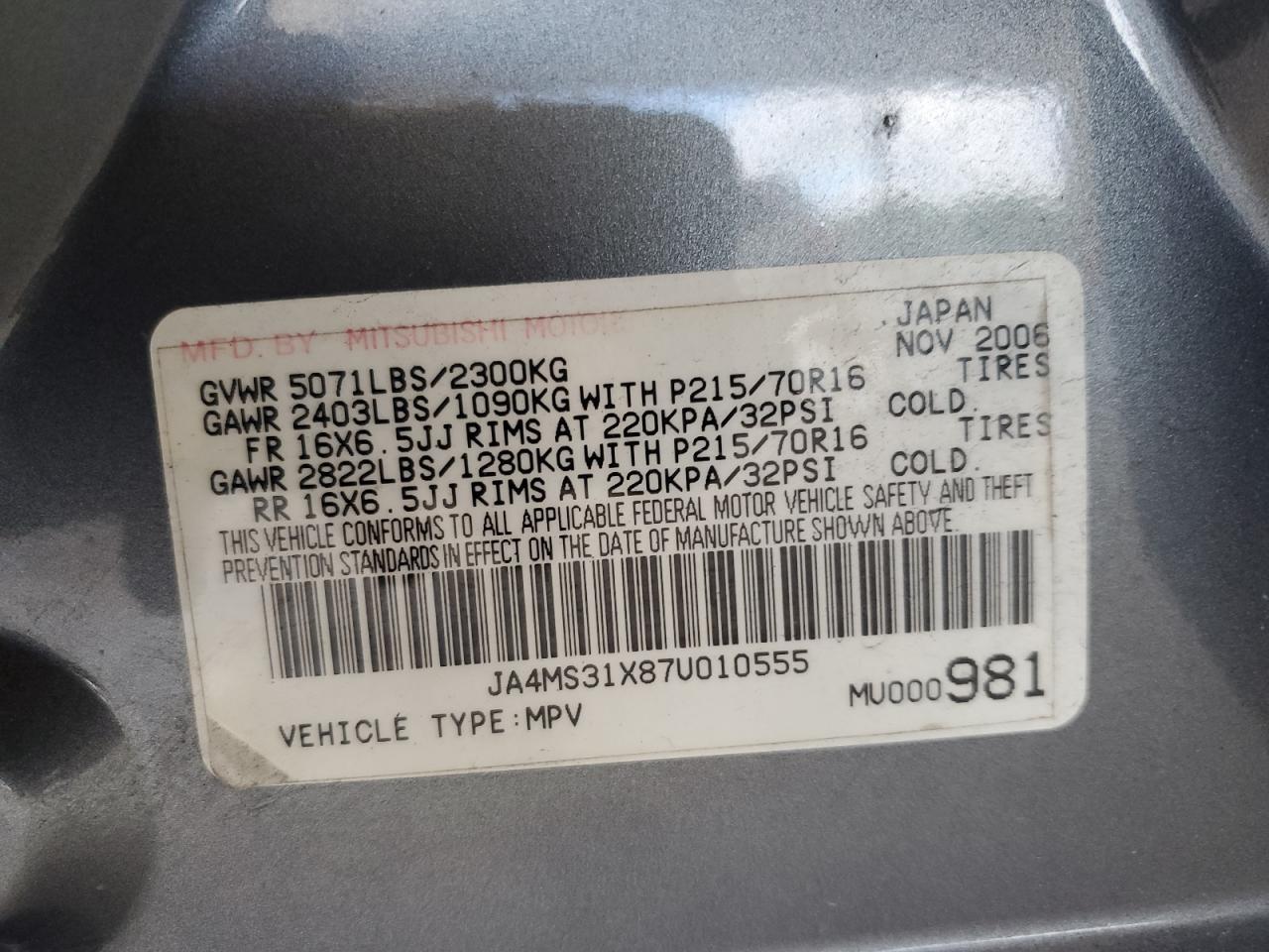 2007 Mitsubishi Outlander Es VIN: JA4MS31X87U010555 Lot: 91030935