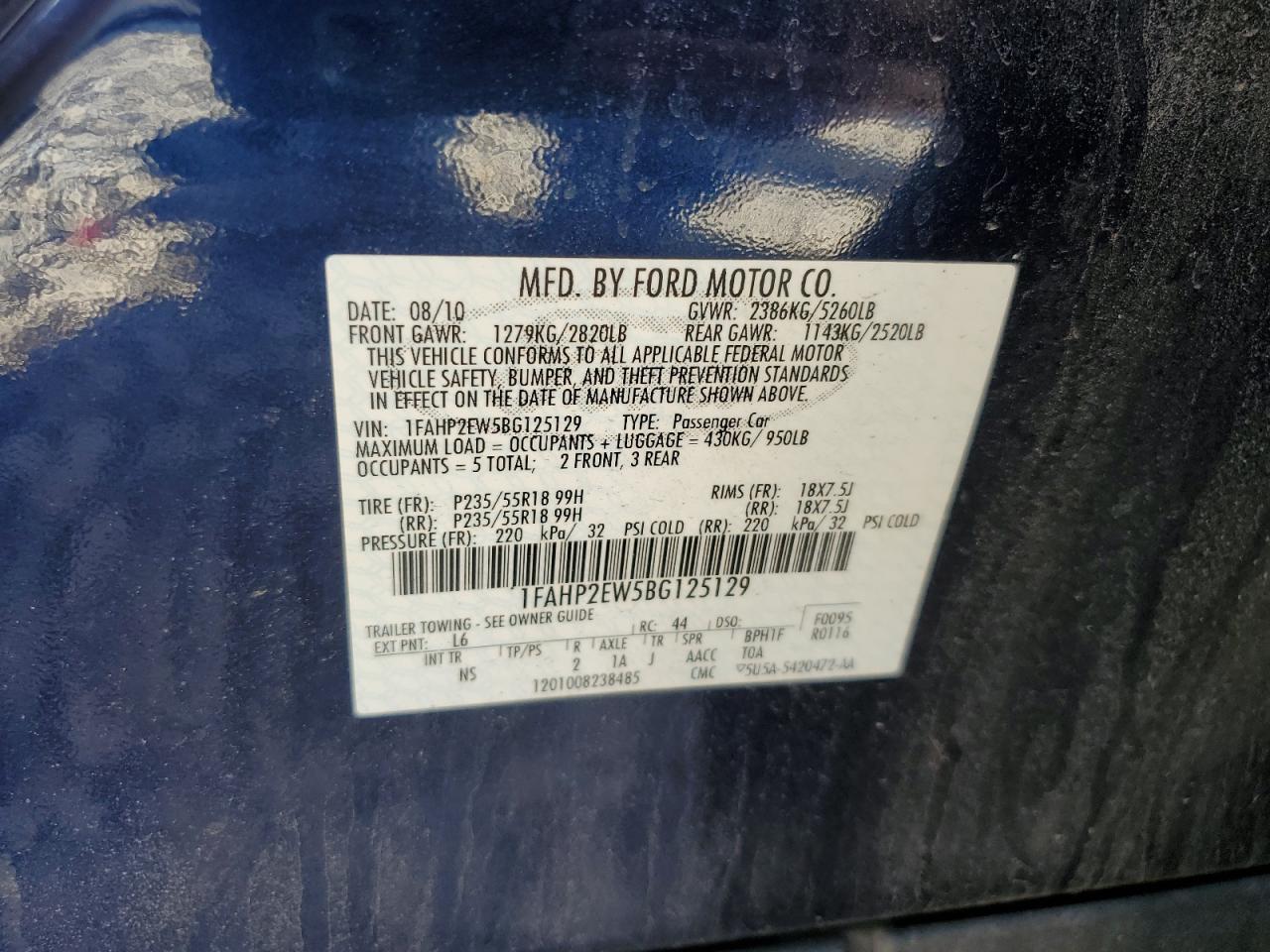 2011 Ford Taurus Sel VIN: 1FAHP2EW5BG125129 Lot: 83967165