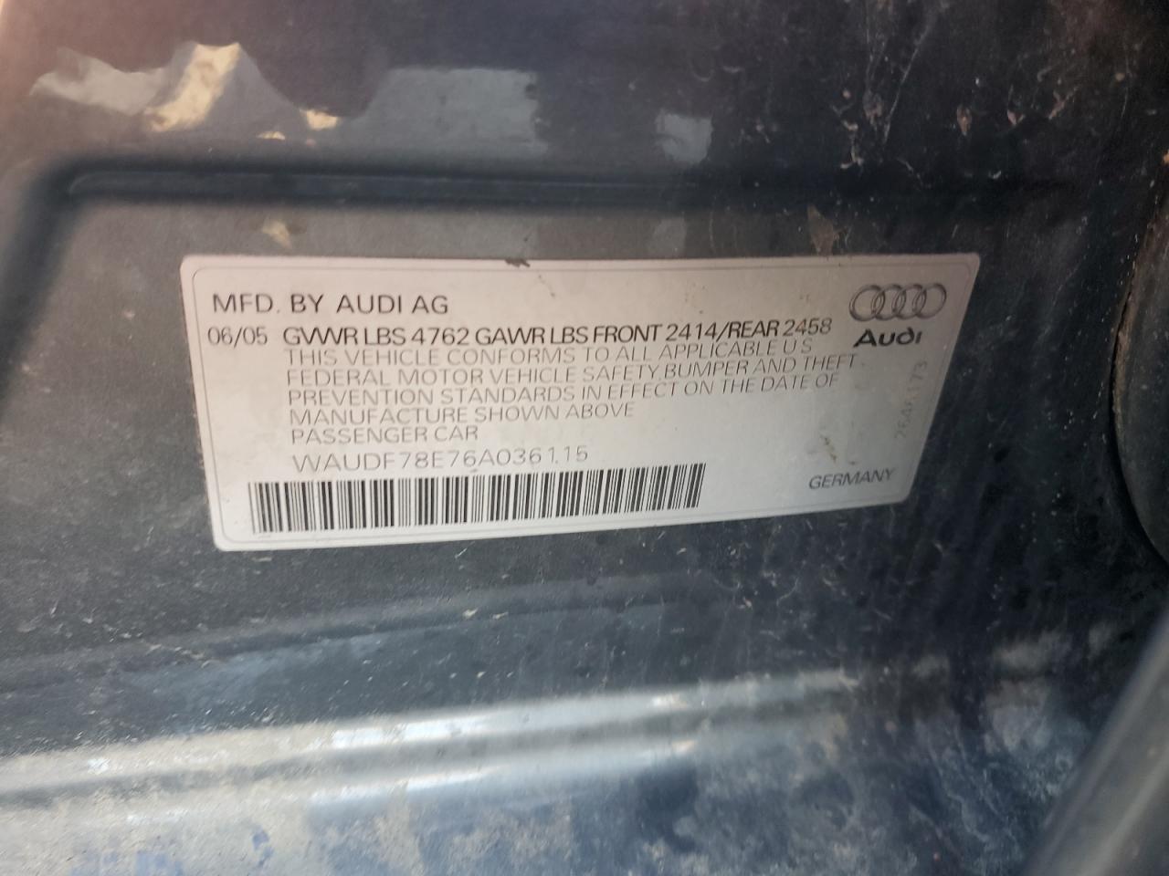 2006 Audi A4 2.0T Quattro VIN: WAUDF78E76A036115 Lot: 84741155