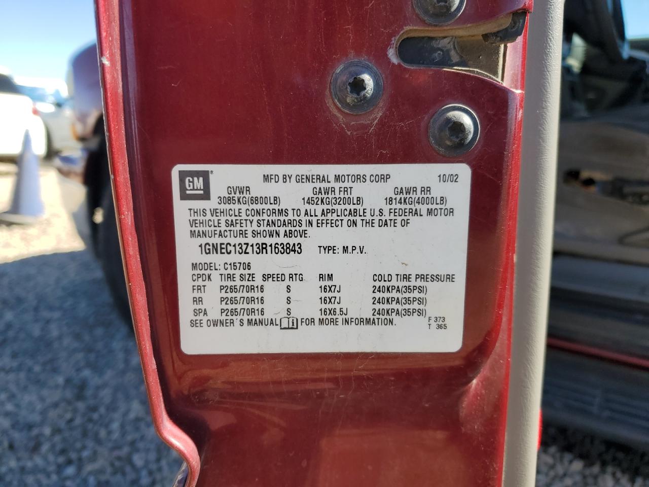 2003 Chevrolet Tahoe C1500 VIN: 1GNEC13Z13R163843 Lot: 82584525