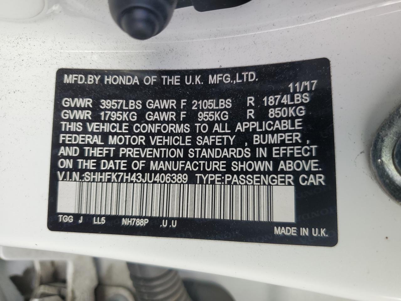 2018 Honda Civic Sport VIN: SHHFK7H43JU406389 Lot: 82273895