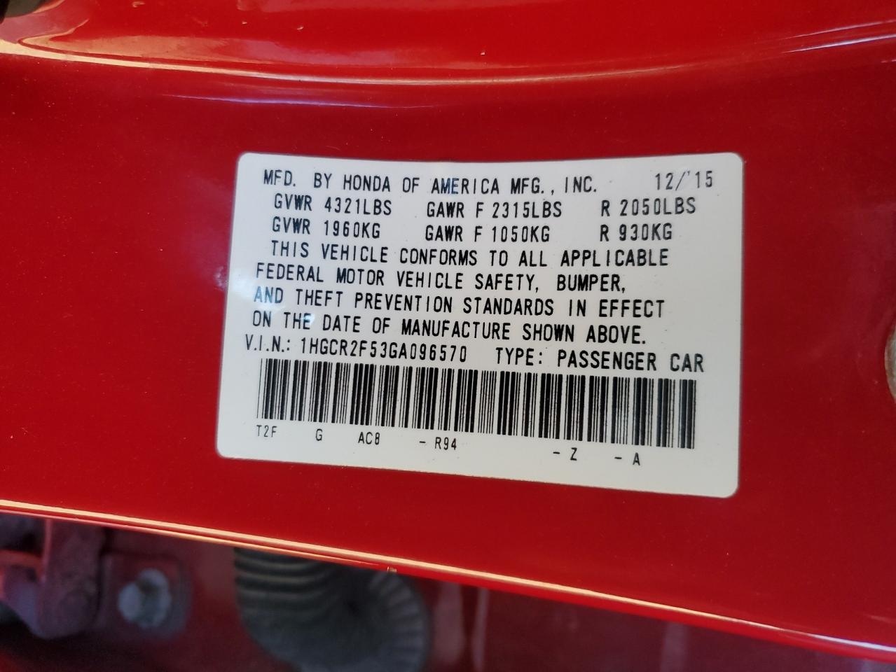 2016 Honda Accord Sport VIN: 1HGCR2F53GA096570 Lot: 86160165