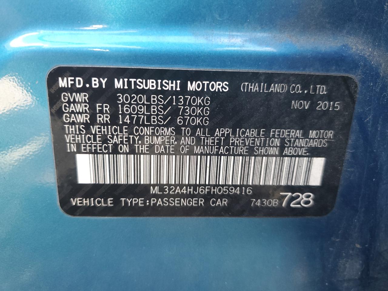 2015 Mitsubishi Mirage Es VIN: ML32A4HJ6FH059416 Lot: 85339865