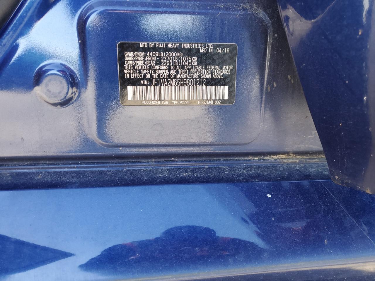 2017 Subaru Wrx Sti VIN: JF1VA2M65H9801212 Lot: 85836705