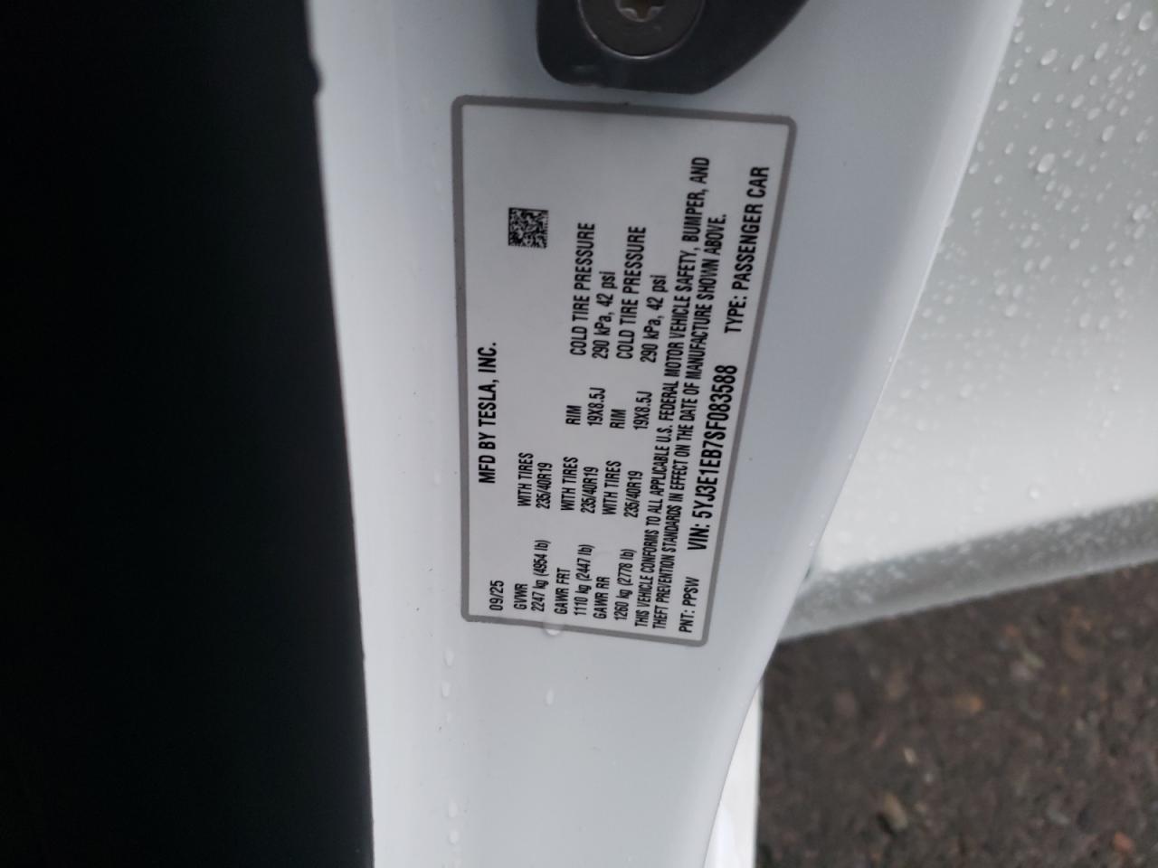 2025 Tesla Model 3 VIN: 5YJ3E1EB7SF083588 Lot: 86651465