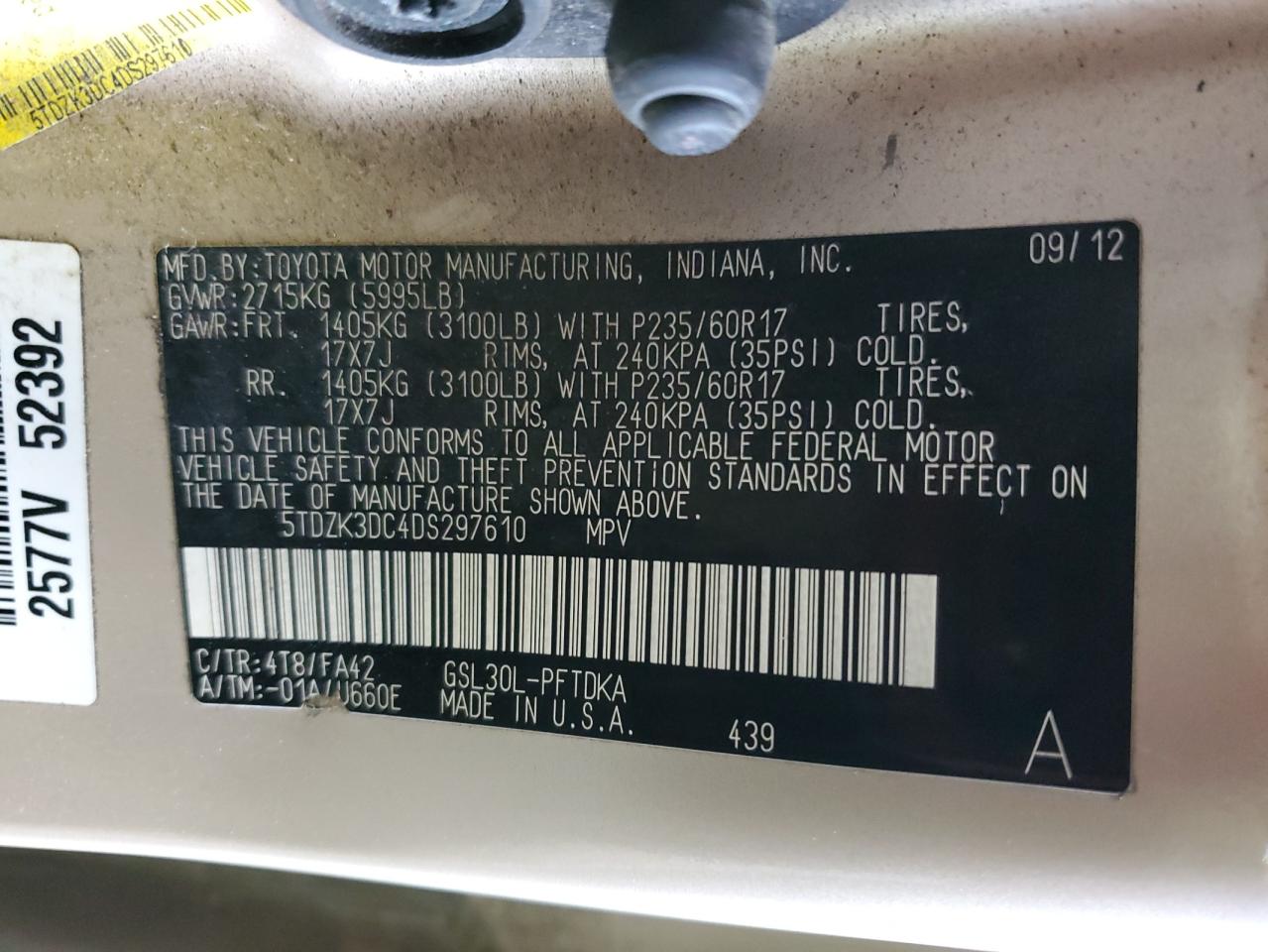 2013 Toyota Sienna VIN: 5TDZK3DC4DS297610 Lot: 84931705