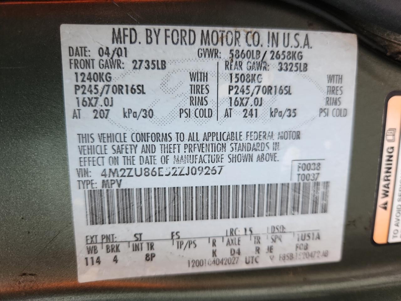 2002 Mercury Mountaineer VIN: 4M2ZU86E52ZJ09267 Lot: 86645615