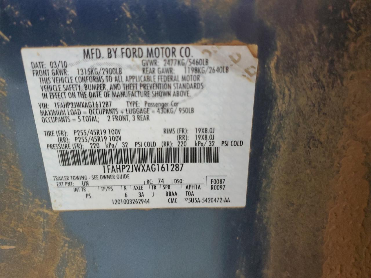 2010 Ford Taurus Limited VIN: 1FAHP2JWXAG161287 Lot: 81961545