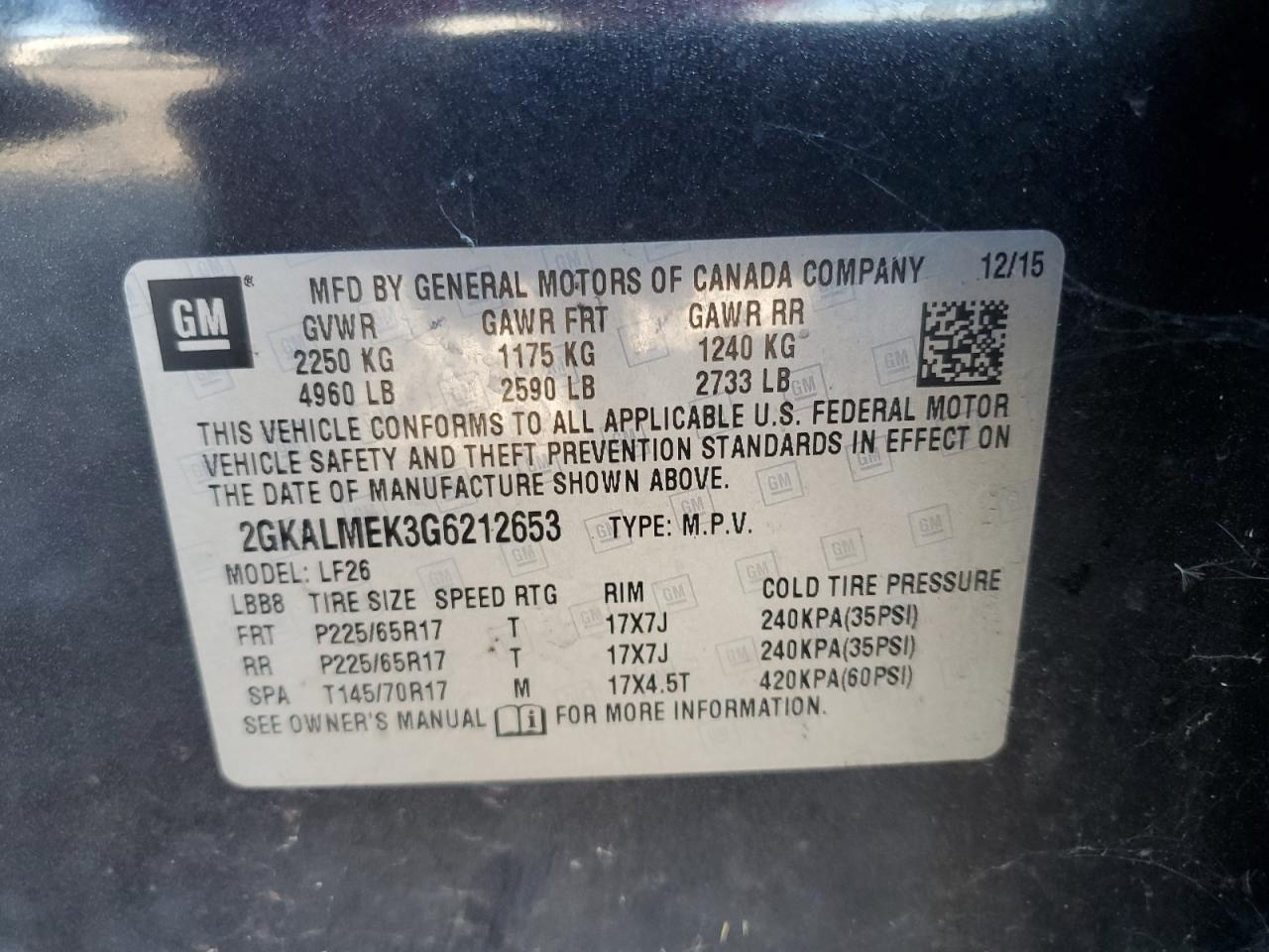 2016 GMC Terrain Sle VIN: 2GKALMEK3G6212653 Lot: 86050735