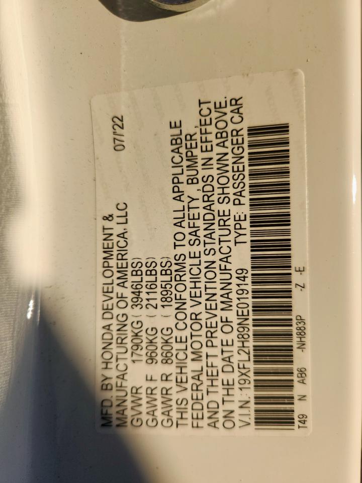 2022 Honda Civic Sport VIN: 19XFL2H89NE019149 Lot: 86327155