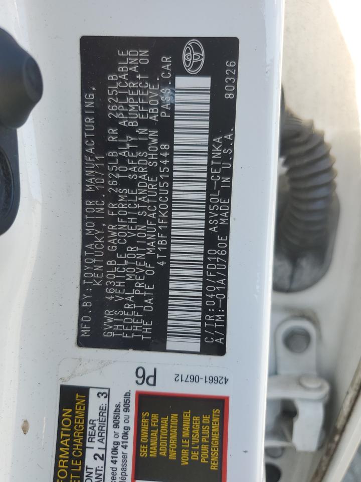 2012 Toyota Camry Base VIN: 4T1BF1FK0CU515448 Lot: 84262175