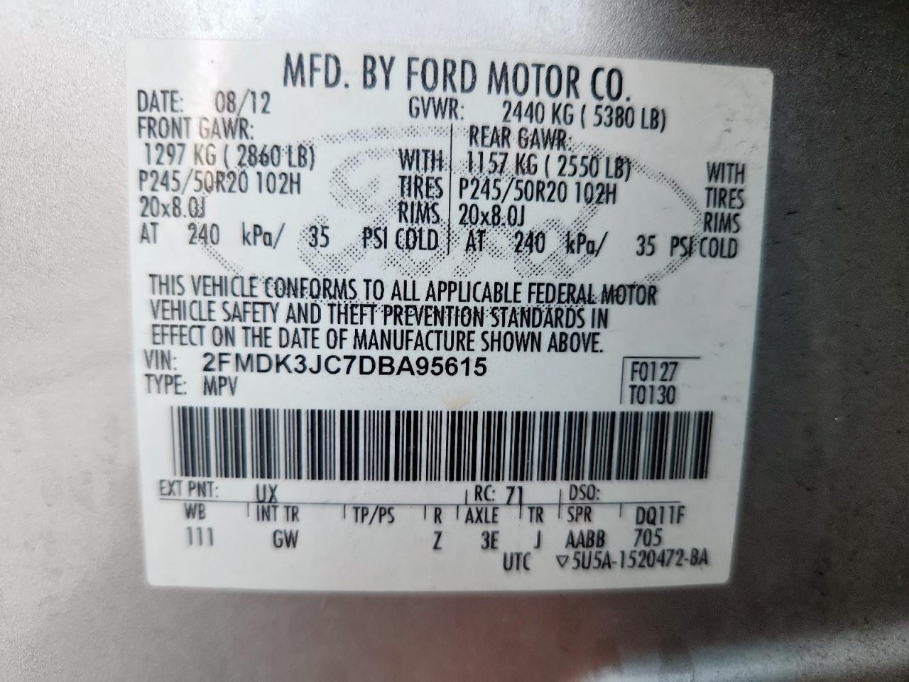 2013 Ford Edge Sel VIN: 2FMDK3JC7DBA95615 Lot: 85530275