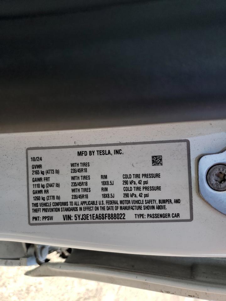 2025 Tesla Model 3 VIN: 5YJ3E1EA6SF888022 Lot: 85129855