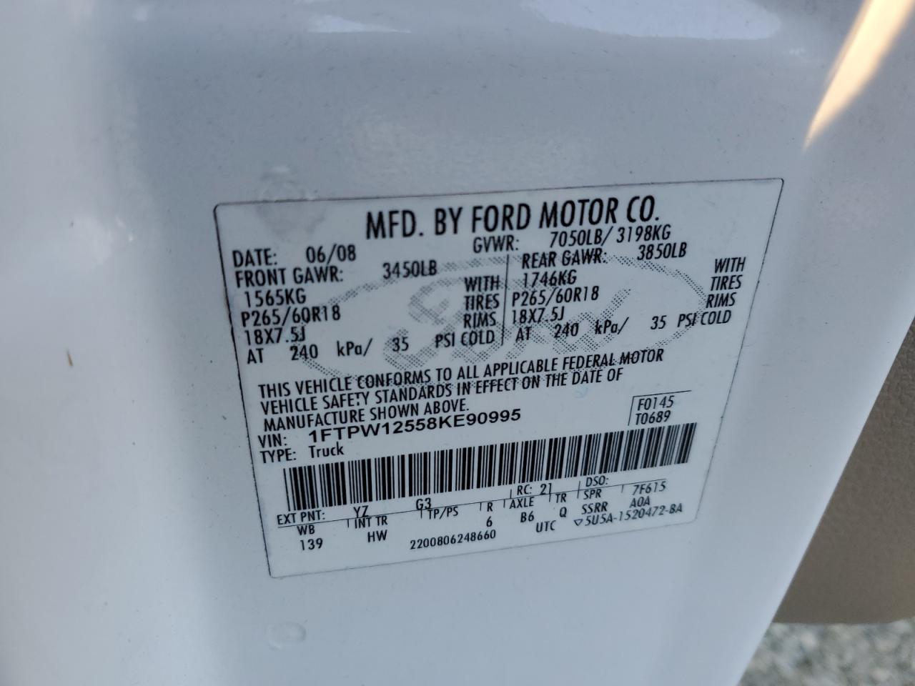 2008 Ford F150 Supercrew VIN: 1FTPW12558KE90995 Lot: 91016125