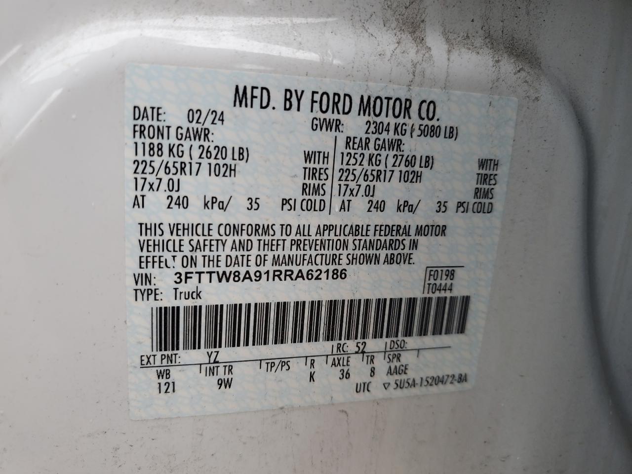 2024 Ford Maverick Xl VIN: 3FTTW8A91RRA62186 Lot: 84876125