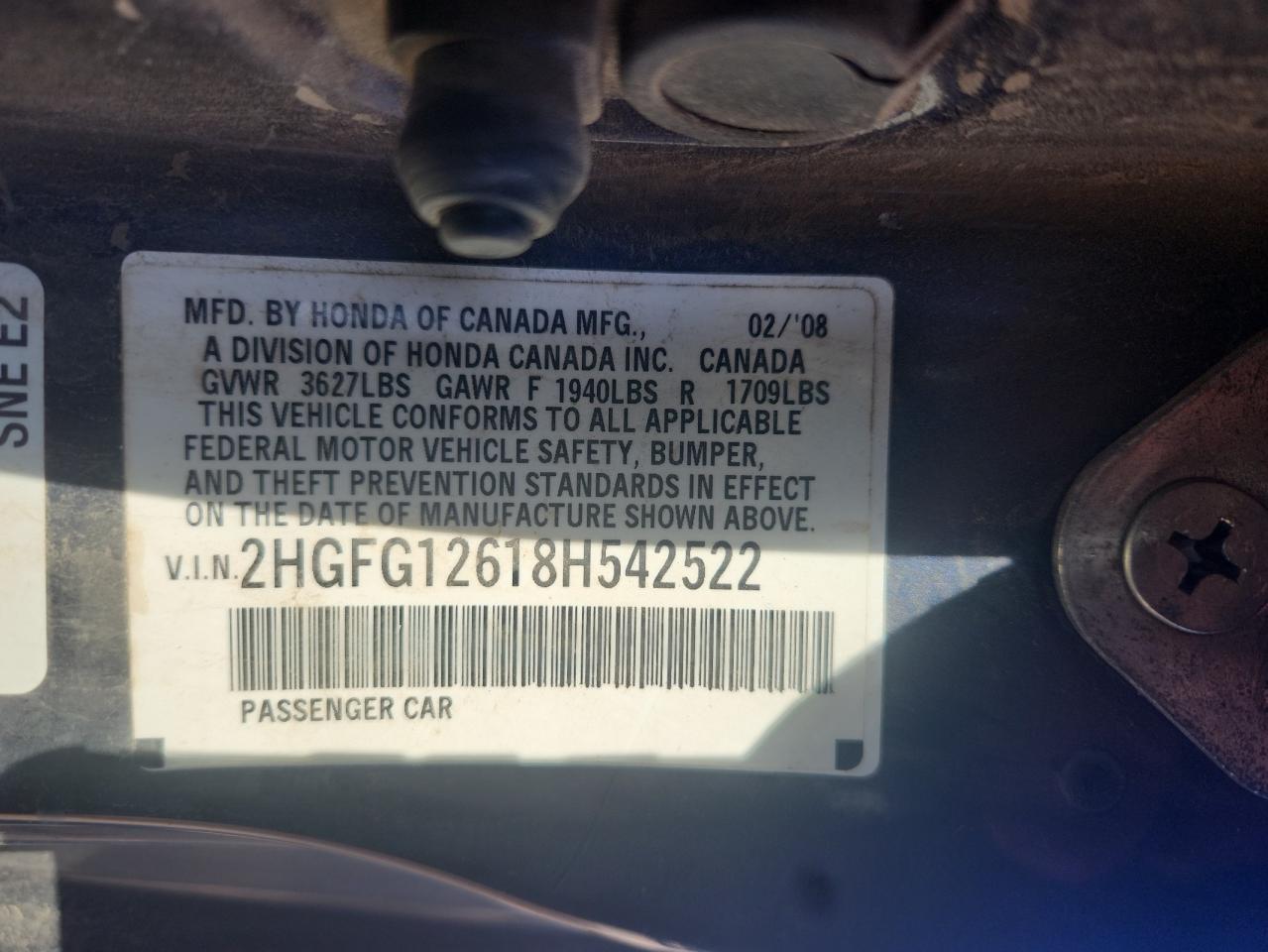 2008 Honda Civic Lx VIN: 2HGFG12618H542522 Lot: 85006425