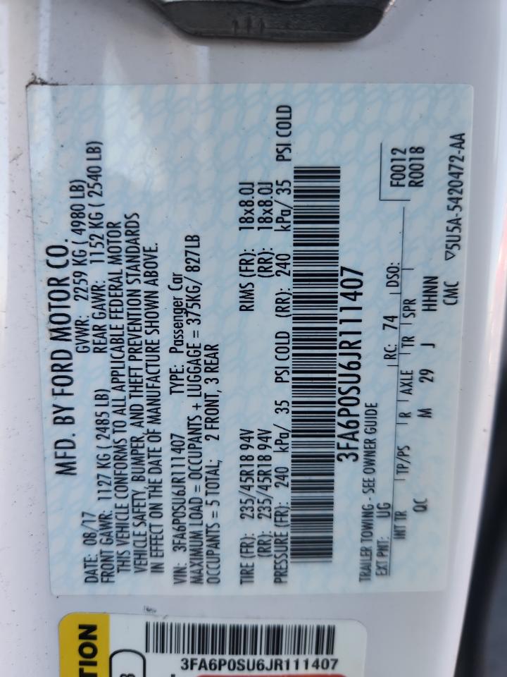 2018 Ford Fusion Titanium/Platinum Phev VIN: 3FA6P0SU6JR111407 Lot: 90380885