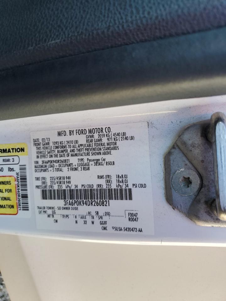 2013 Ford Fusion Titanium VIN: 3FA6P0K94DR260821 Lot: 82670115