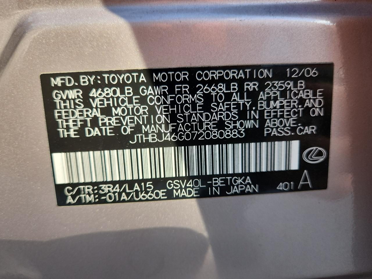 2007 Lexus Es 350 VIN: JTHBJ46G072080883 Lot: 86236885