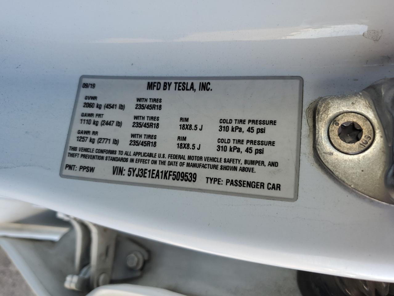 2019 Tesla Model 3 VIN: 5YJ3E1EA1KF509539 Lot: 85010625