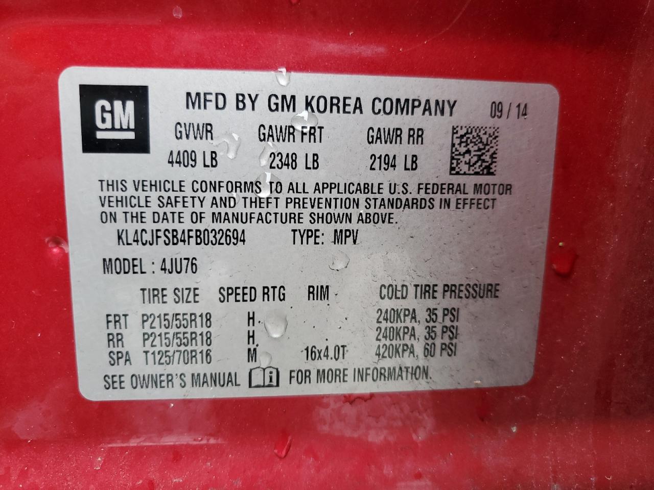 2015 Buick Encore Convenience VIN: KL4CJFSB4FB032694 Lot: 85817235