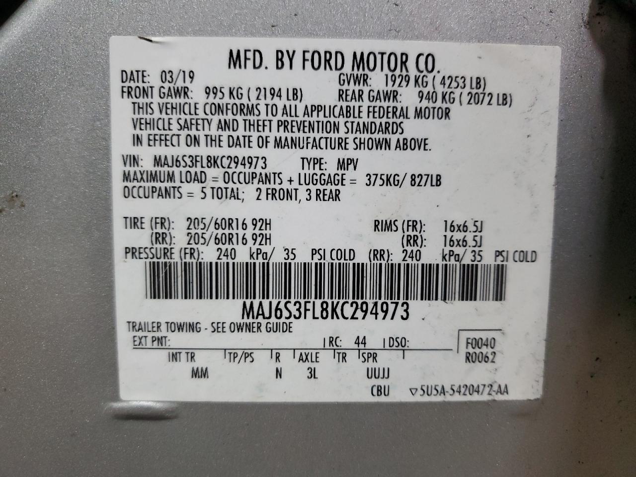 2019 Ford Ecosport S VIN: MAJ6S3FL8KC294973 Lot: 85286685