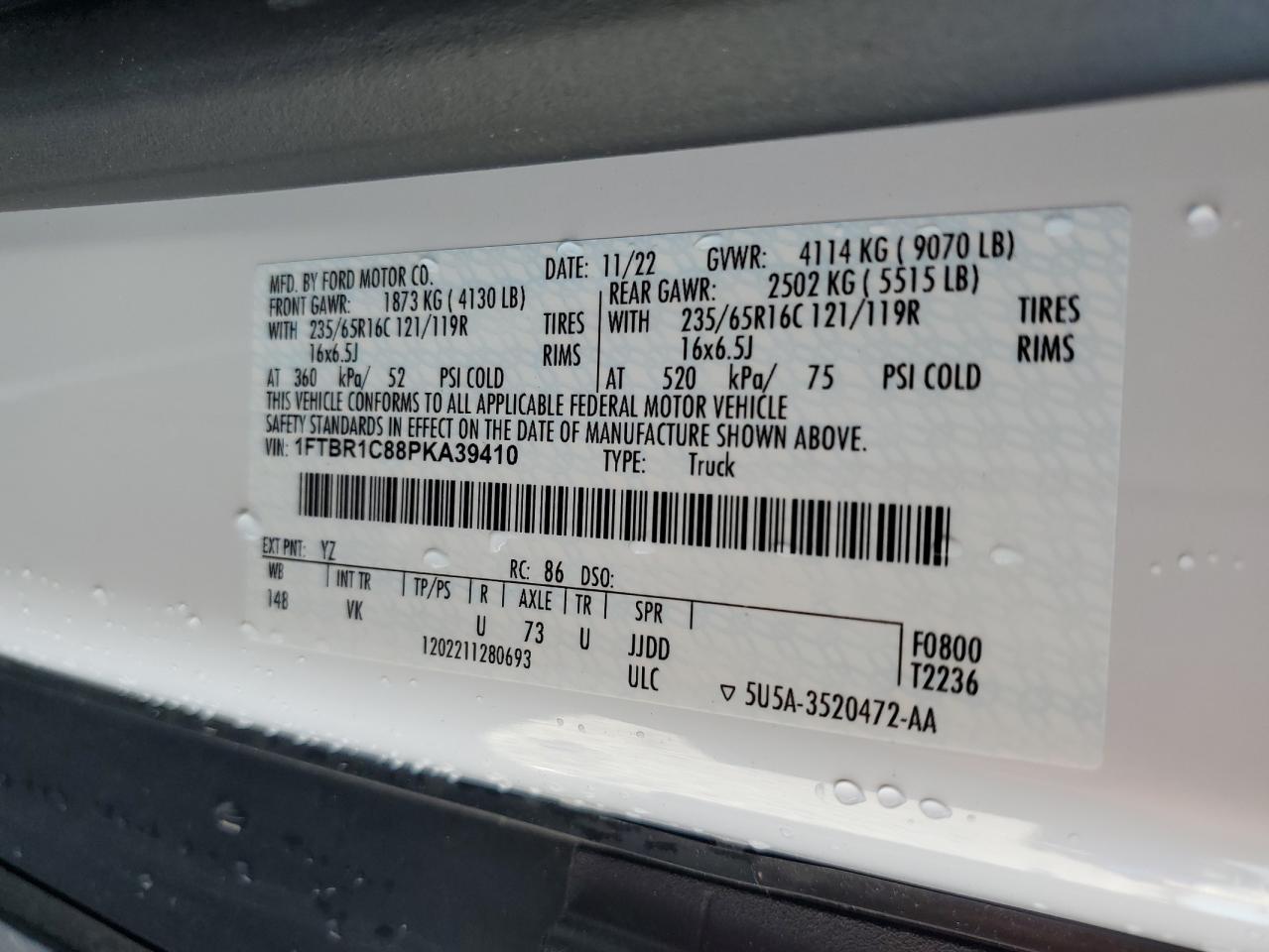 2023 Ford Transit T-250 VIN: 1FTBR1C88PKA39410 Lot: 89669375