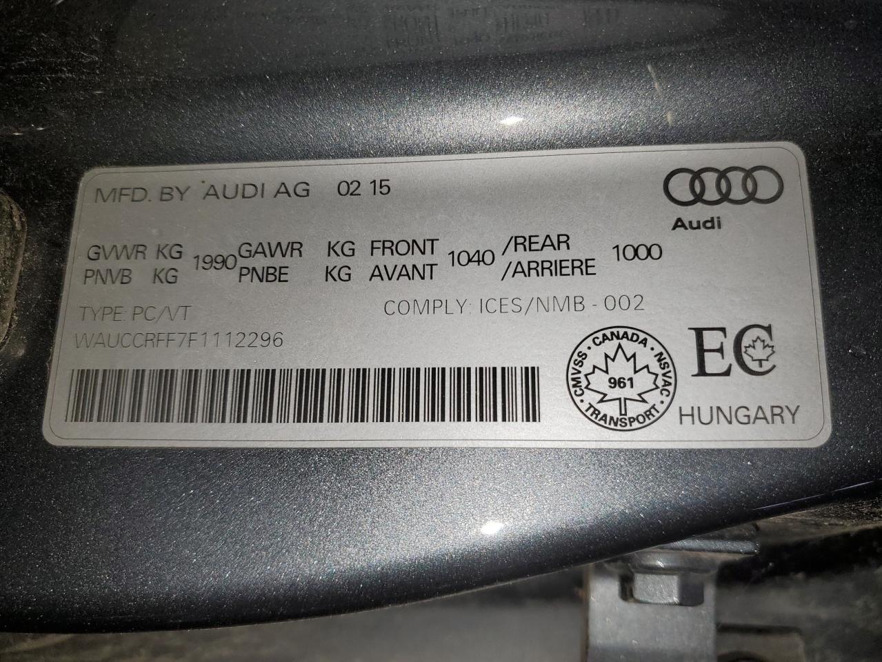 2015 Audi A3 Premium Plus VIN: WAUCCRFF7F1112296 Lot: 91000455