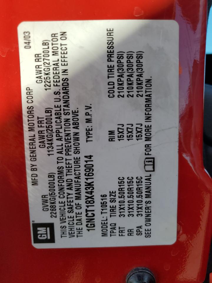 2003 Chevrolet Blazer VIN: 1GNCT18X43K169014 Lot: 90404815