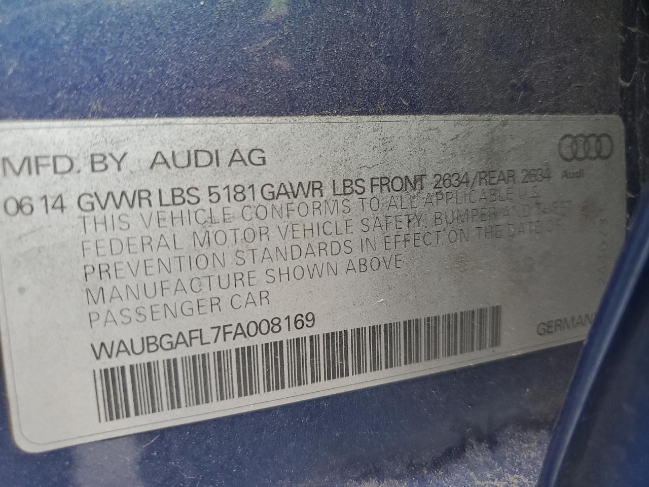 2015 Audi S4 Premium Plus VIN: WAUBGAFL7FA008169 Lot: 85897375