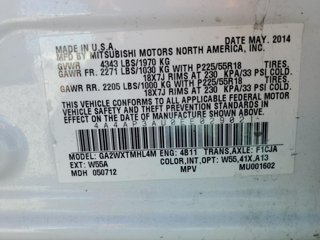 2014 Mitsubishi Outlander Sport Es VIN: 4A4AP3AU0EE029021 Lot: 89450165