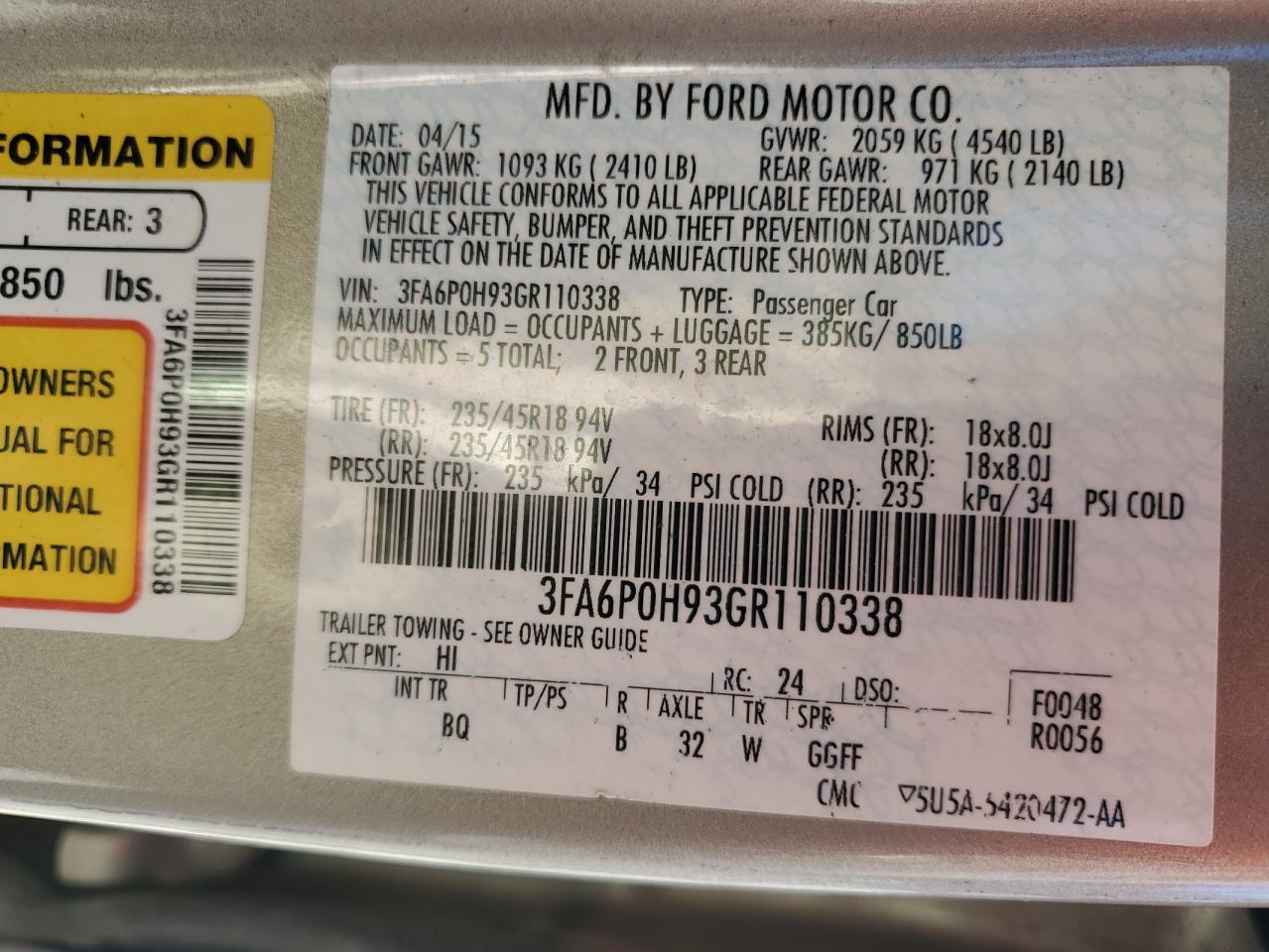 2016 Ford Fusion Se VIN: 3FA6P0H93GR110338 Lot: 91132385